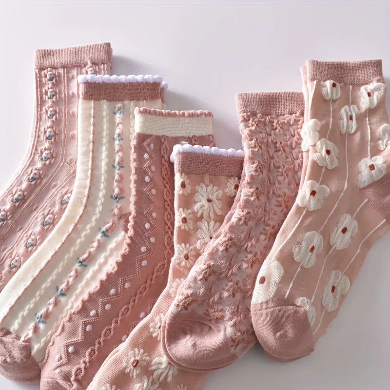 

1/6 Pairs Of Girl's Cute Flower Embroidered Crew Socks, Comfy Breathable Trendy Thermal Socks, Winter & Autumn