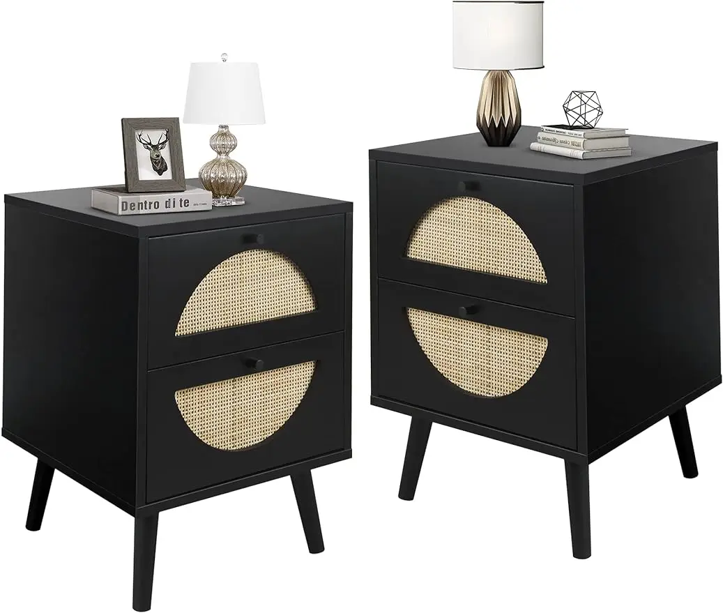 

2pcs Rattan Nightstand w/2 Storage Drawers & Solid Wood Legs,Wooden Accent End Table for Bedroom,Small Spaces (Black/Walnut)