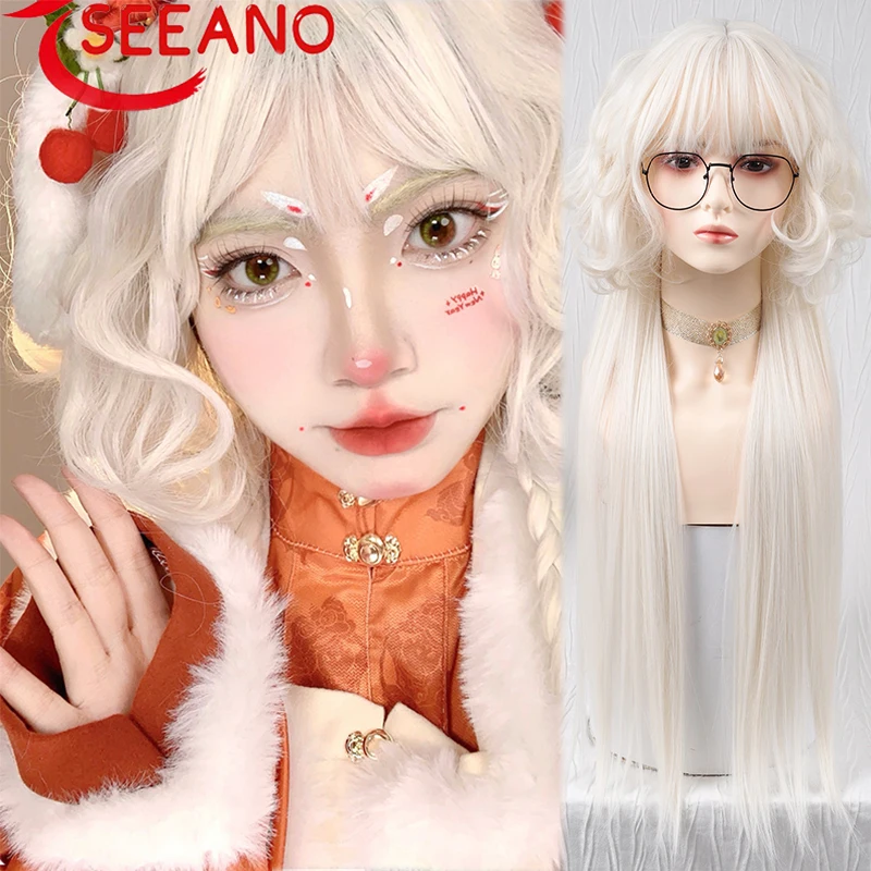

SEEANO 70cm Synthetic Long Wavy Curly Cosplay Wig With Bangs White Light Blonde Lolita Wig Women Halloween Cosplay Wigs Female