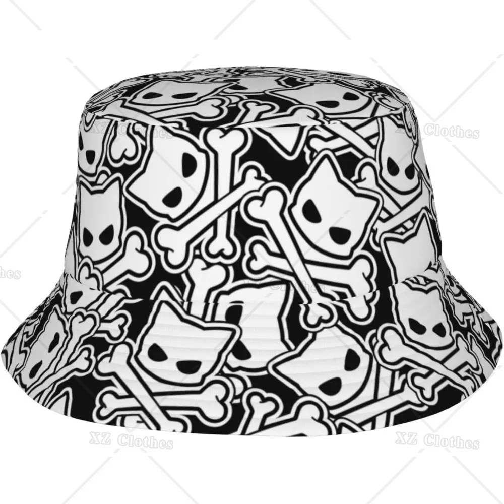 

Панама с милым черепом, котом, черно-белая шапка для женщин и мужчин, Пляжная модная уличная шапка для подростков, Солнцезащитная шапка для рыбалки, кепки для рыбалки