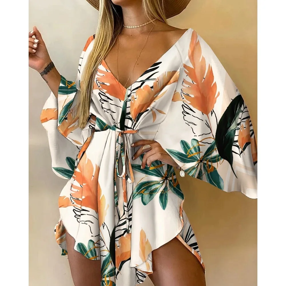 

2024 Summer Women Floral Print Batwing Sleeve Asymmetrical Dress Fashion Casual V-Neck Half Sleeve Boho Dress Vacation wear