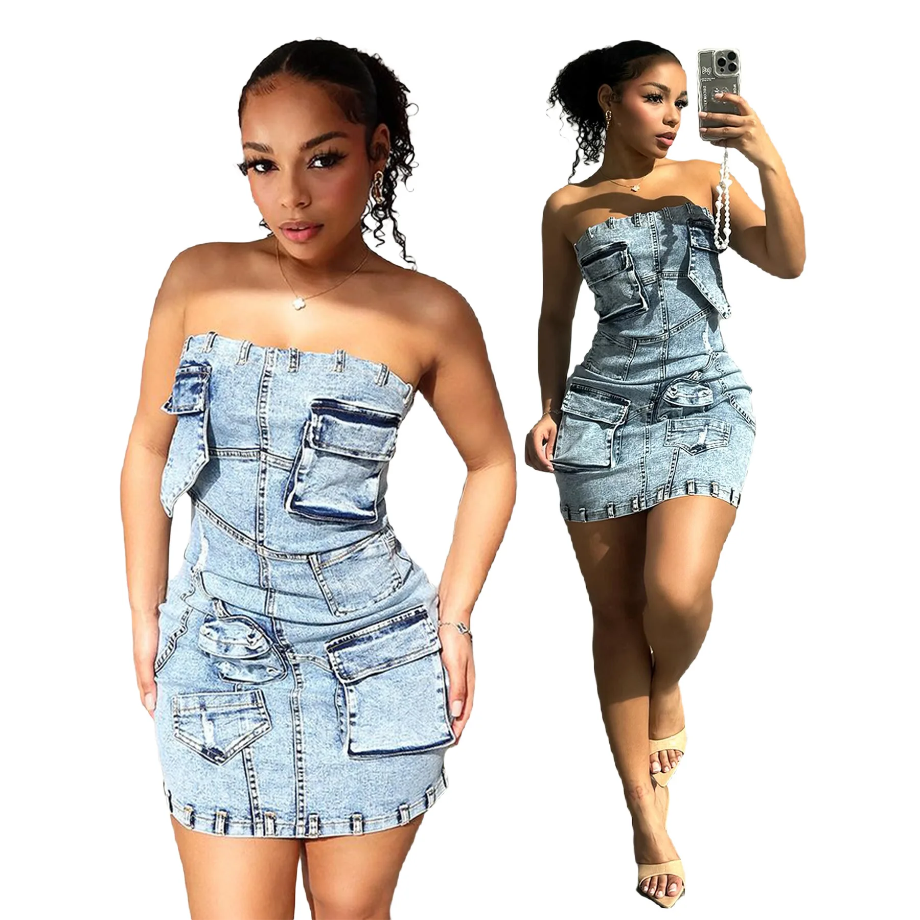 

New Strapless Denim Skirt, Popular on Amazon in Europe, America, Slim Fit 3D Pocket Dress