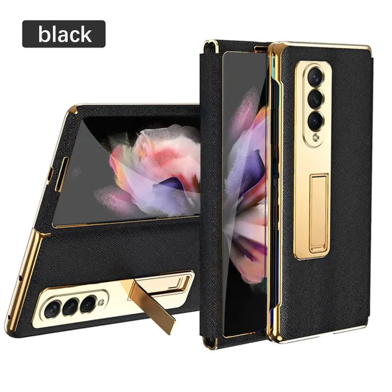 

Plating Leather Phone Case For Samsung Galaxy Z Fold 5 Fold 4 Fold 3 Fold 2 Conjoined Glass Film Stand Hinge Protection Cover