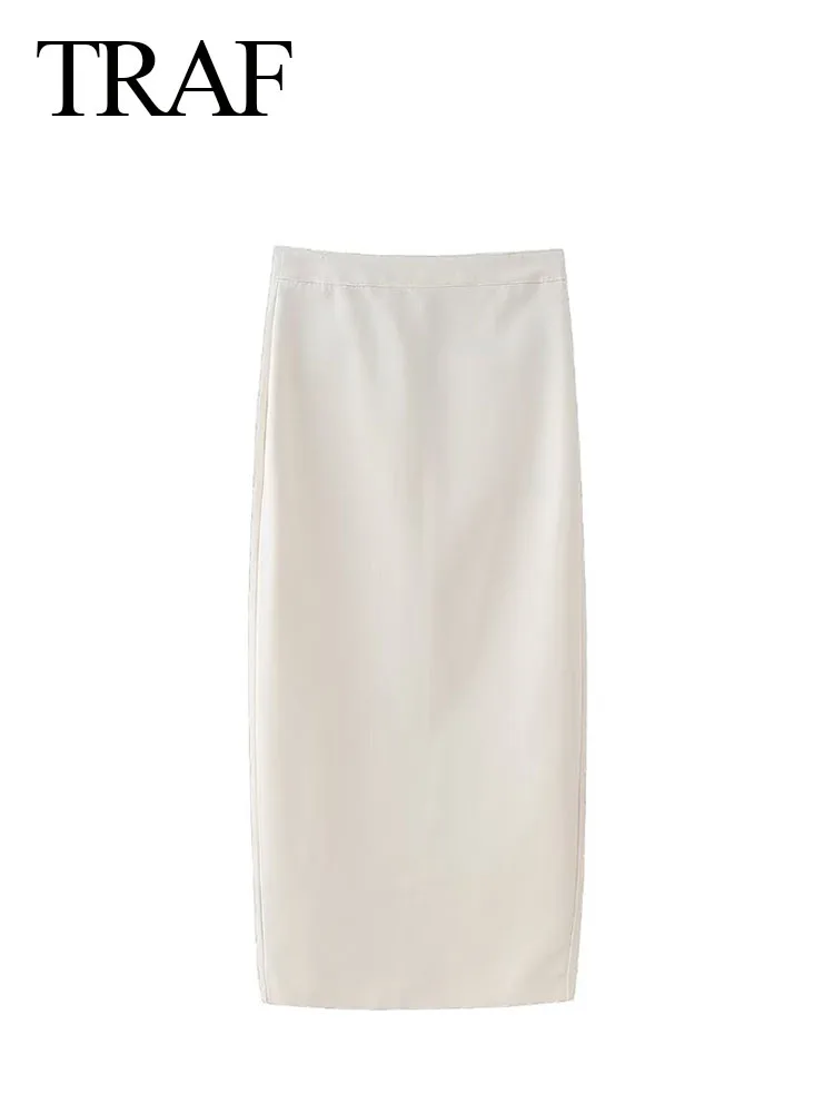

TRAF 2024 Woman's Fashion Summer Slim Skirts Solid High Waist Pocket Decoration Back Slit Zipper Female Elegant Long Skirt