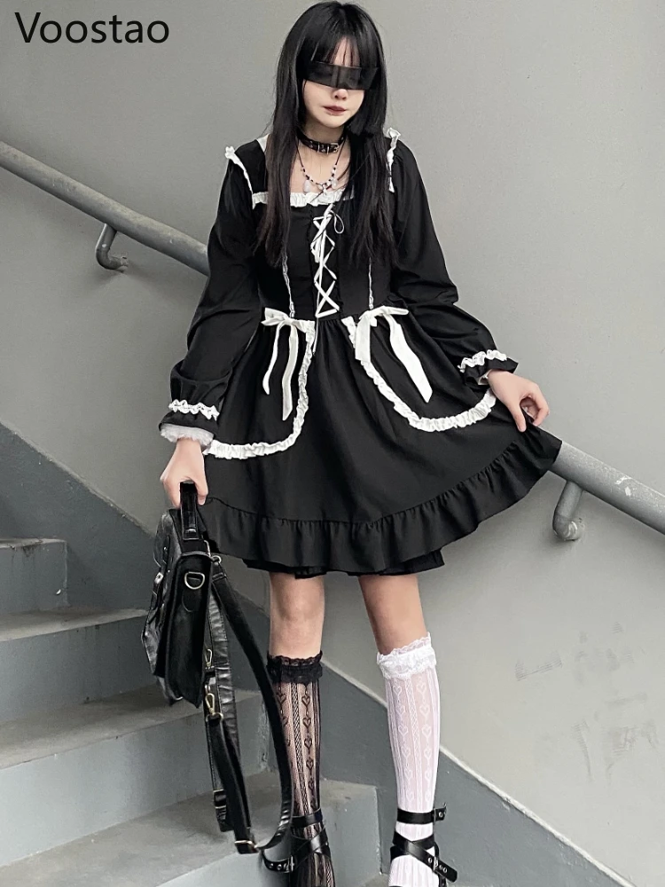 

Japanese Gothic Lolita Dress Women Vintage Dark Square Collar Bow Ruffles Bandage Party Dresses Girl Kawaii Y2k Punk Vestidos