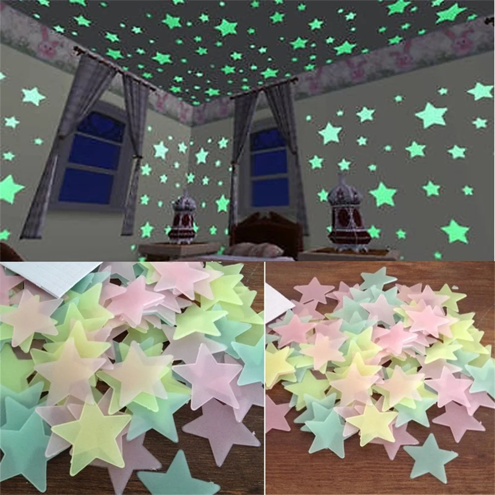 

100PCS 3D Stars Luminous Wall Sticker Glow In The Dark Kids Baby Room Bedroom Ceiling Home Decor Fluorescent Wall Stickers
