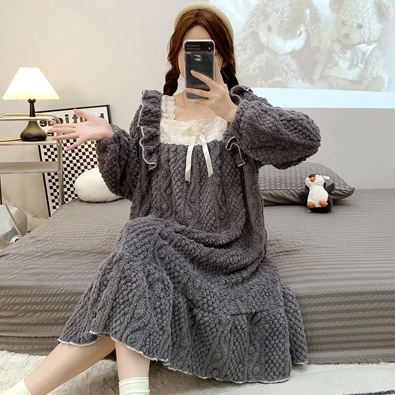 

2023 Winter Plus Size Sweet Princess Thick Warm Flannel Nightgowns for Women Long Sleeve Sleepwear Night Dress Nightdress Nighty