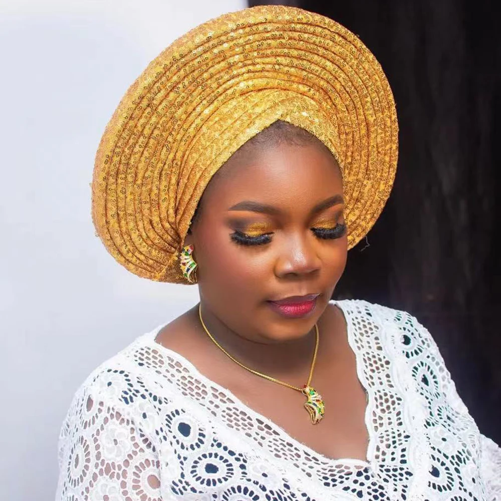 

NEW Sequins Turban Cap for Women Ready to Wear African Auto Gele Headtie Nigeria Wedding Geles Female Head Wraps Lady Headpiece