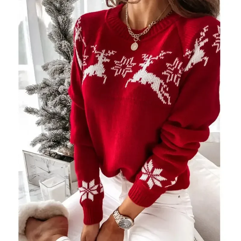 

2024 New Winter Christmas Women Knitting Sweaters Deer Print Jacquard Knitwear Long Sleeve O Neck Pullover Top Oversized Clothes