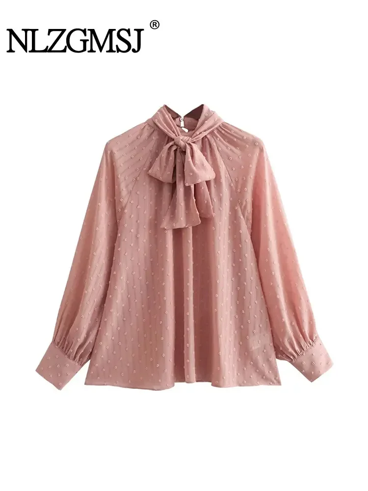 

Nlzgmsj TRAF 2024 Women Fashion Bow Tied Collar Solid Color Loose Smock Blouse Female Long Sleeve Casual Shirt Blusas Chic Tops
