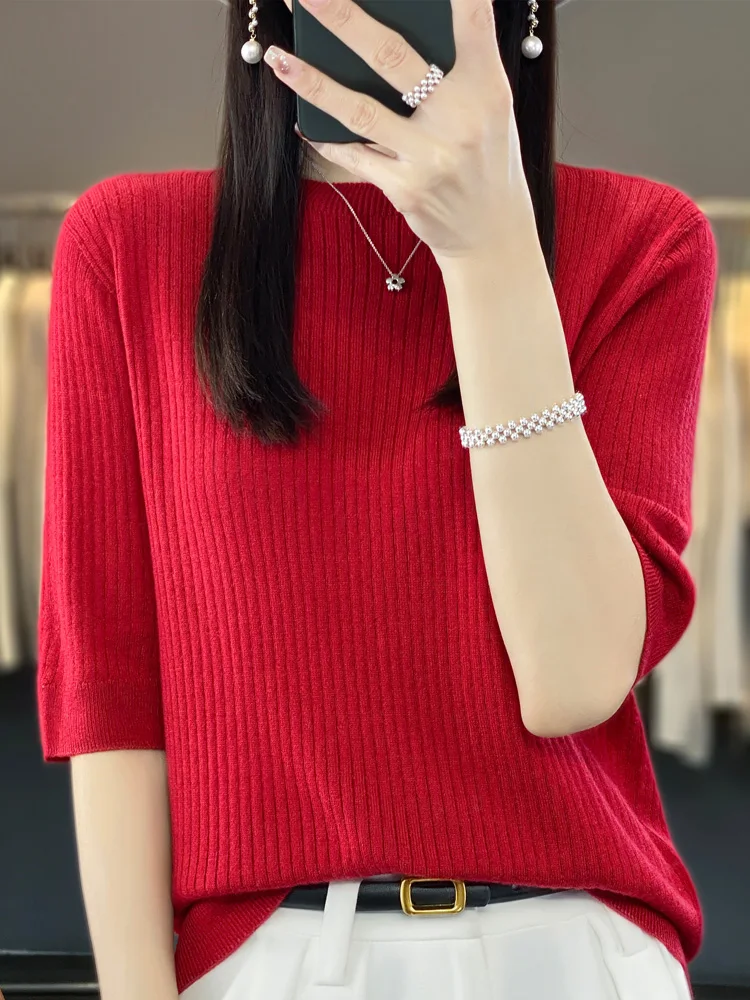 

Spring and summer 24 new fashion short-sleeved cashmere women's sweater 100% pure merino wool round neck pullover T-shirt