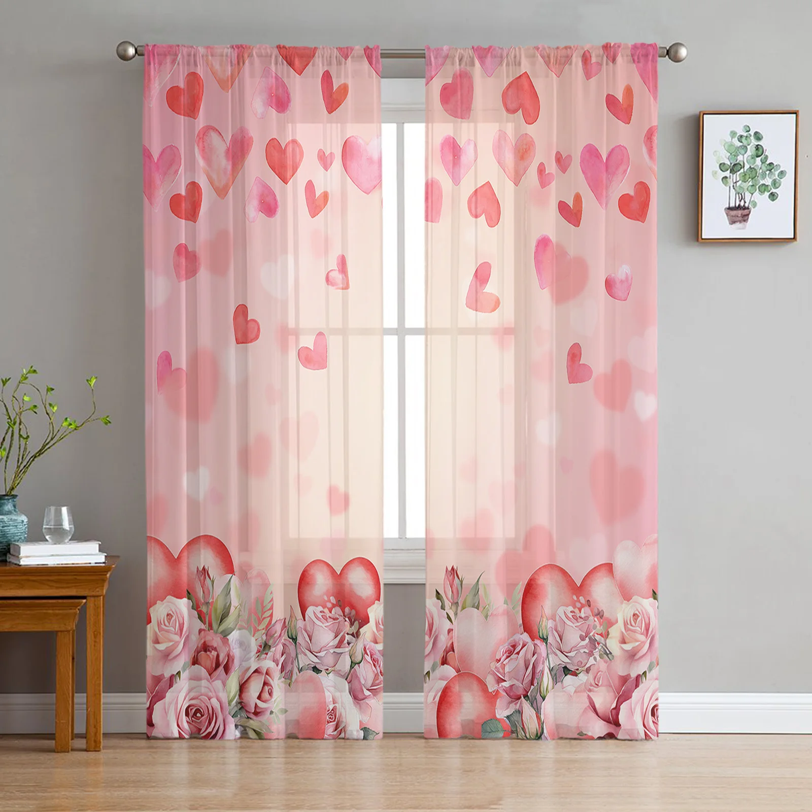 

Valentine'S Day Roses Love Sheer Curtains for Bedroom Living Room Decoration Window Curtain Kitchen Tulle Voile Organza Drapes
