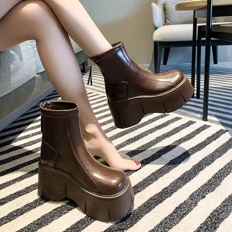 

2024 New Increase Women Ankle Boots Fashion Back Zippers Ladies Platform Flats Short Boots Shoes Elegant Woman heeled Shoes