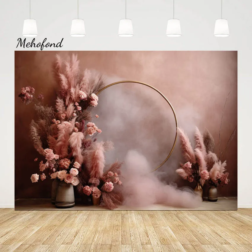 

Mehofond Boho Baby Shower Backdrop Pampas Grass Flower for Newborn Birthday Party Round Ring Background Photography Photo Studio