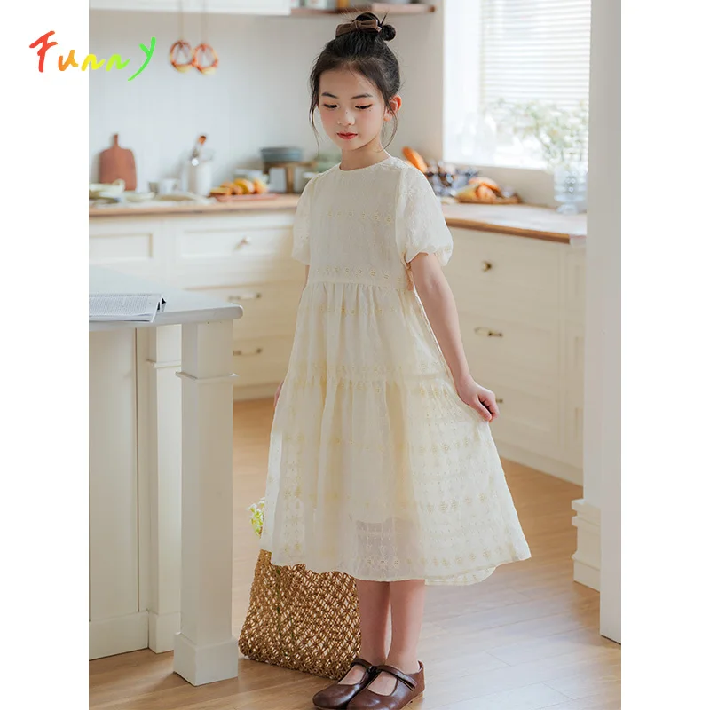 

Girl Summer Dress Embroidery Puff Sleeve Cotton Kids Dresses for Girls Casual Teen Children Clothes 2024 New Arrival
