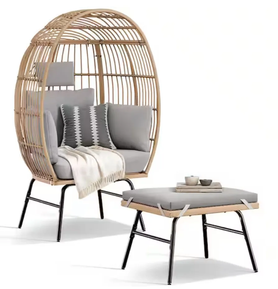 Brown Wicker Outdoor Patio Lounge Chair Egg Chair with Ottoman Footrest and Gray Cushion
Brown Wicker Outdoor Patio Lounge Chair Egg Chair with Ottoman Footrest and Gray Cushion
