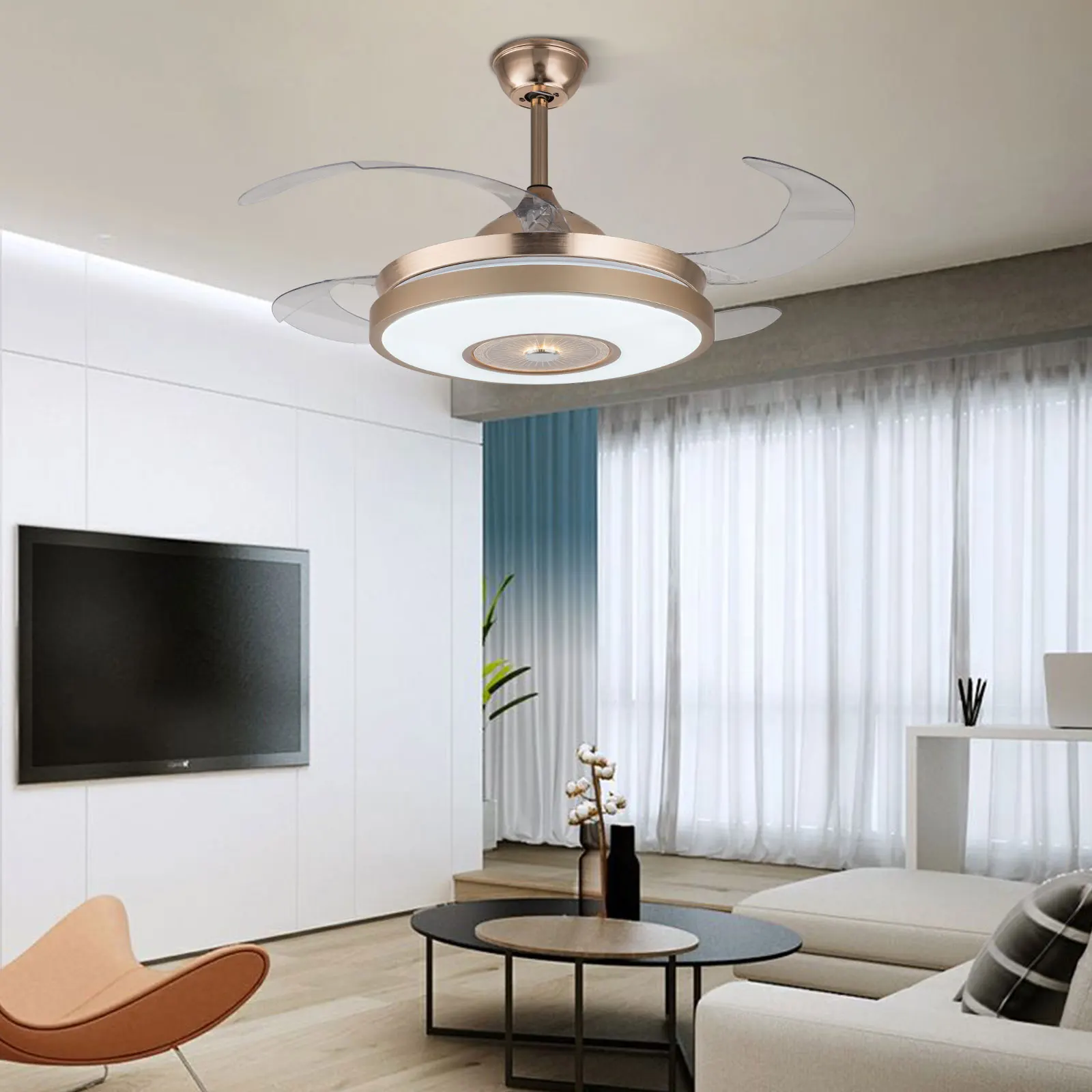 

Потолочный вентилятор, лампы, современный светодиодный светильник с дистанционным управлением 42 дюйма, золотистый, 3 цвета, для столовой, спальни, освещение вентилятора