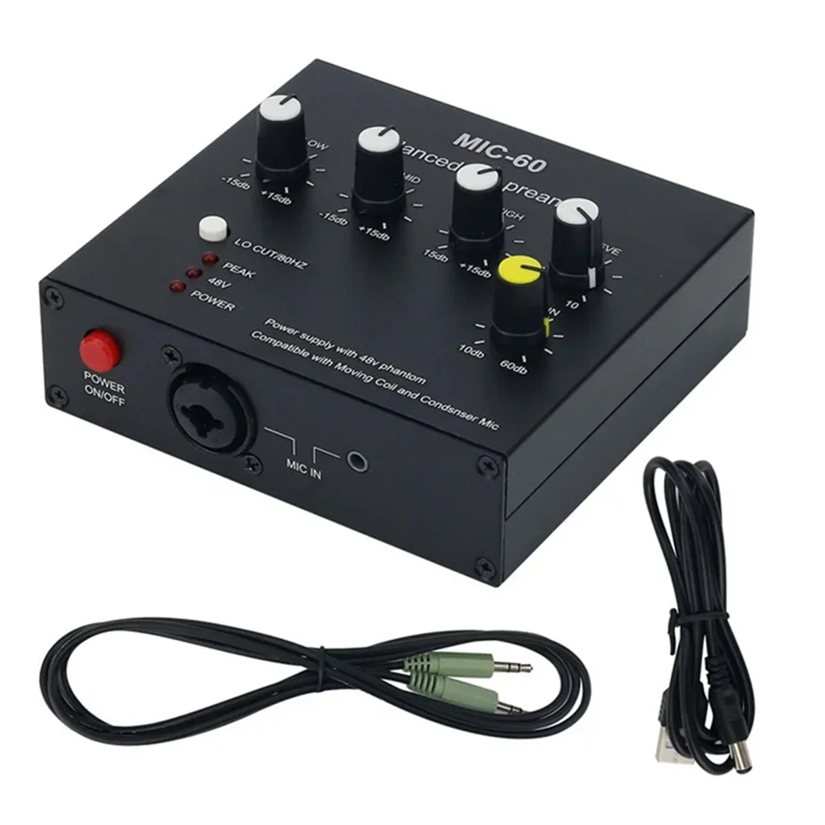 MIC-60 3-Band Equalizer Balanced Mic Preamp Microphone Preamplifier with DC Cable and 3.5mm Cable
MIC-60 3-Band Equalizer Balanced Mic Preamp Microphone Preamplifier with DC Cable and 3.5mm Cable