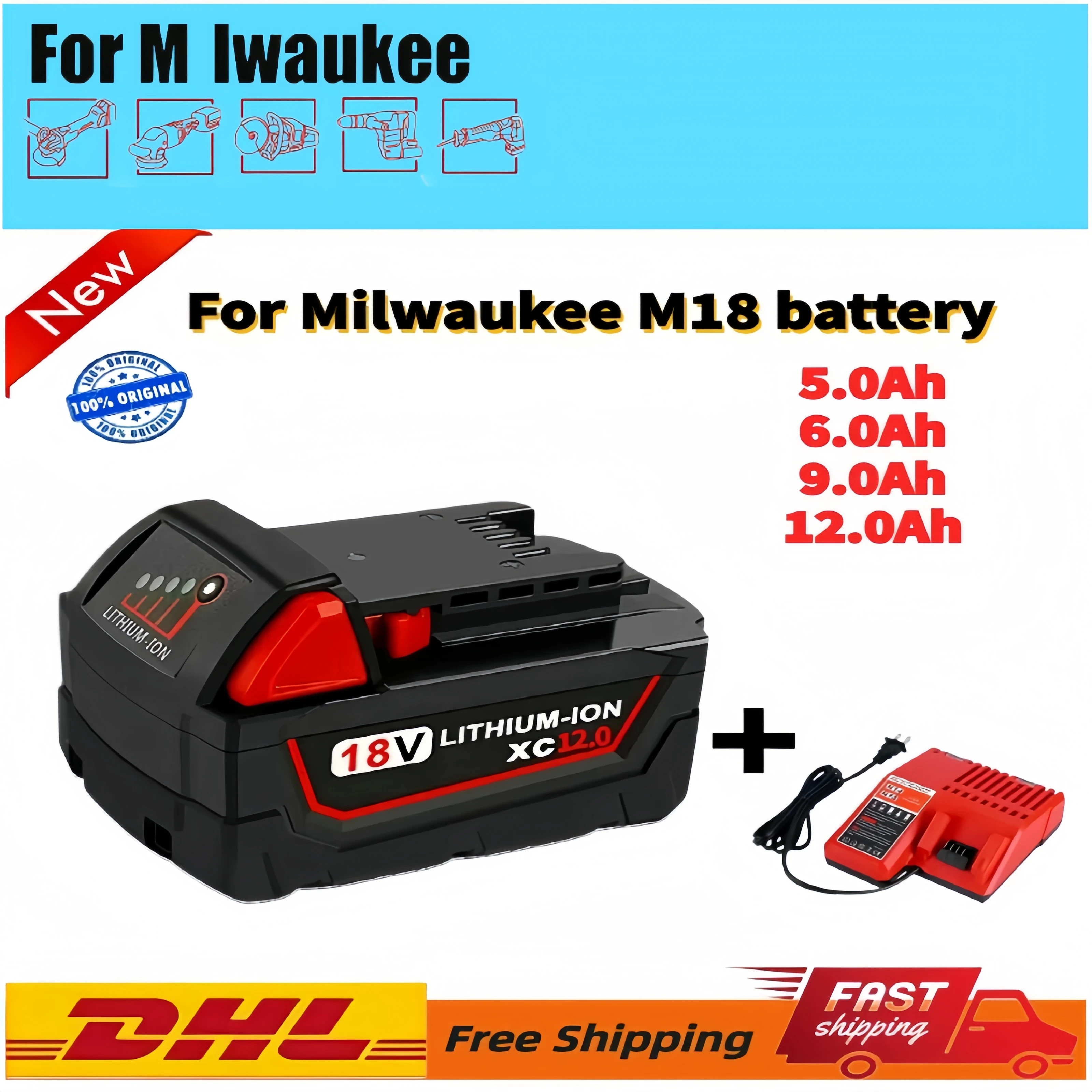 

Batterie au lithium aste, 18V, 12,0 Ah, Remplacement pour Milwaukee M18, XC, 48, 11, 1860, 48, 11, 1850, 1840, 48, 11, 1820, 24