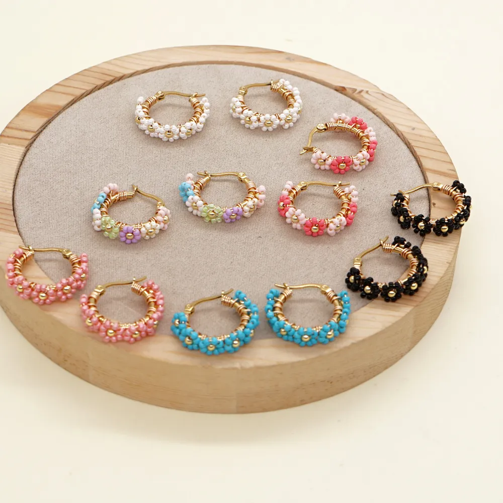 

Go2boho New In Summer woman Jewelry Daisy Beaded Handmade Hoop Earrings 316L Stainless Steel Earing Jewellery Fashion Gift
