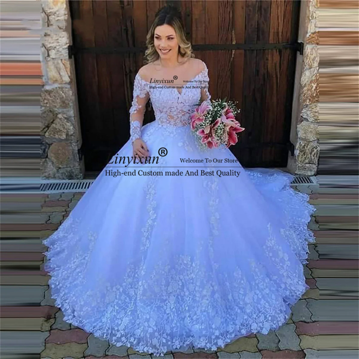 

Бальное платье принцессы, свадебное платье с кружевной аппликацией, свадебные платья с длинным рукавом, на пуговицах, со шлейфом, белое платье