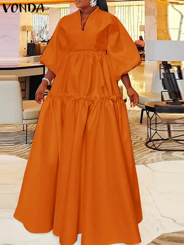 

VONDA Women Summer Maxi Dress 2023 Elegant Party Long Shirt Dress Solid Color Vestidos 3/4 Lantern Sleeve Casual Ruffled Robe