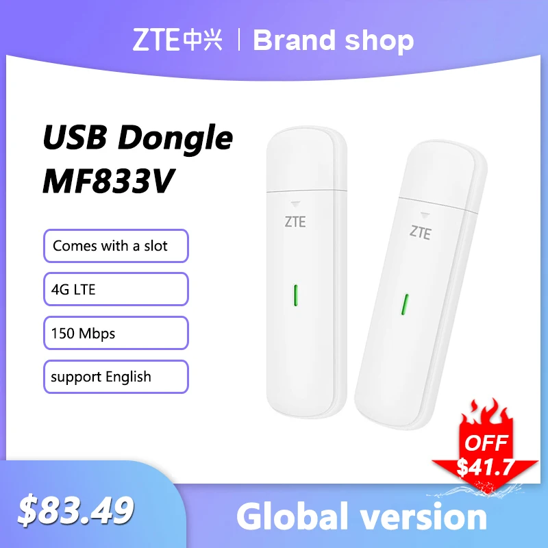 

ZTE MF833V 4G LTE Wireless Router USB Dongle 150Mbps Mobile Broadband Sim Card Wireless WiFi Adapter Modem Pocket Hotspot