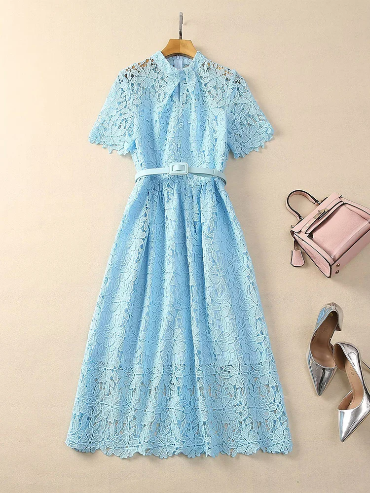 

Spring Summer Women Chemical Lace Dress Leaves Hook Flower Hollow Out Party Holiday Runway Vestidoa Waist Belt