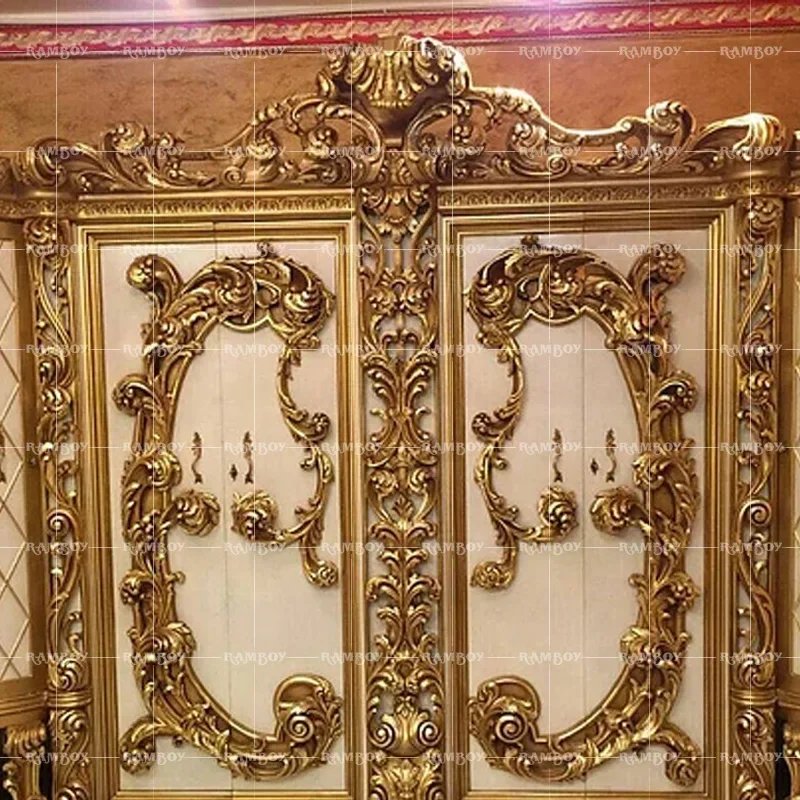 

Italian style wardrobe villa luxury palace gold foil wardrobe solid wood carved bedroom furniture