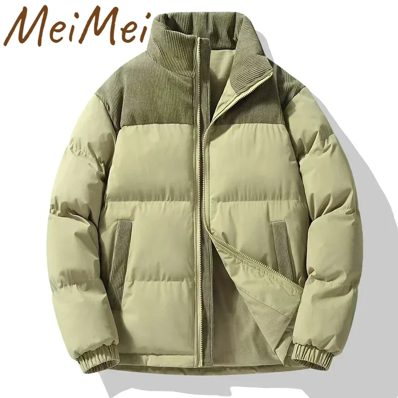 

Вельветовая однотонная повседневная мужская куртка 2024 в стиле пэчворк с воротником-стойкой, спортивное пуховое пальто, простая свободная Теплая мужская зимняя куртка