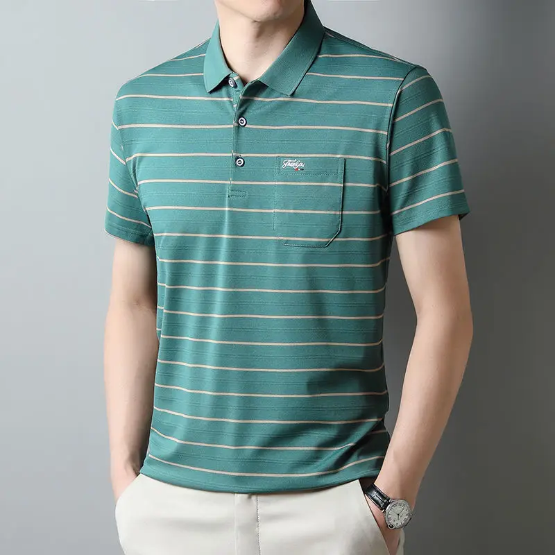 

2023 Summer New Fashion Temperament Casual Men's Wear Spliced Button Pocket Polo Collar Short Sleeve Stripe Commuter POLO Shirt