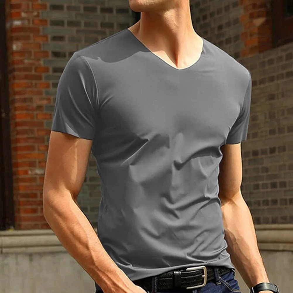 Fashion Man Short Sleeve Ice Silk Trackless T-Shirt Summer Solid Color Basi V-Neck Slim T Shirt For Men Tees Tops Clothing
Fashion Man Short Sleeve Ice Silk Trackless T-Shirt Summer Solid Color Basi V-Neck Slim T Shirt For Men Tees Tops Clothing