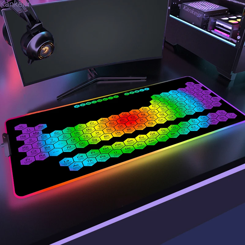 

RGB Mouse Pad Periodic Table of Elements Gaming XXL Mousepad Keyboard Mat Led Deskmat Rubber No-slip with Backlit Desk Mat 90X30