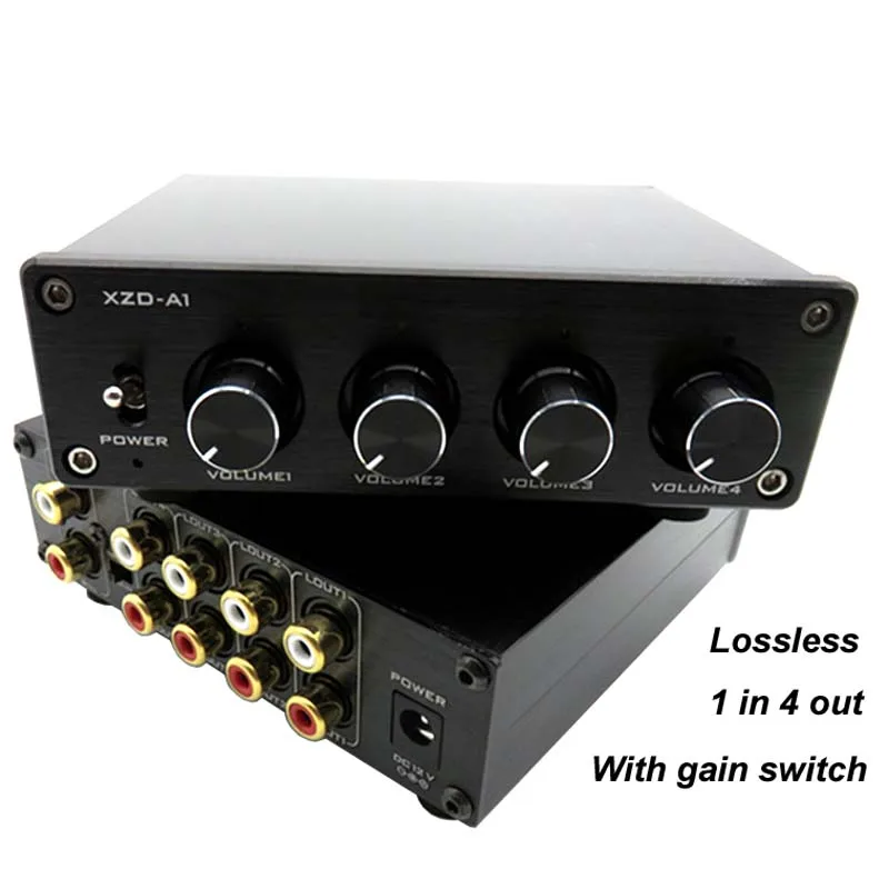 

DLHiFi XZD-A1 HIFI Lossless 1 Input 4 Output RCA HUB Audio Distributor Signal Selector Source Switcher Tone Volume For Amplifier