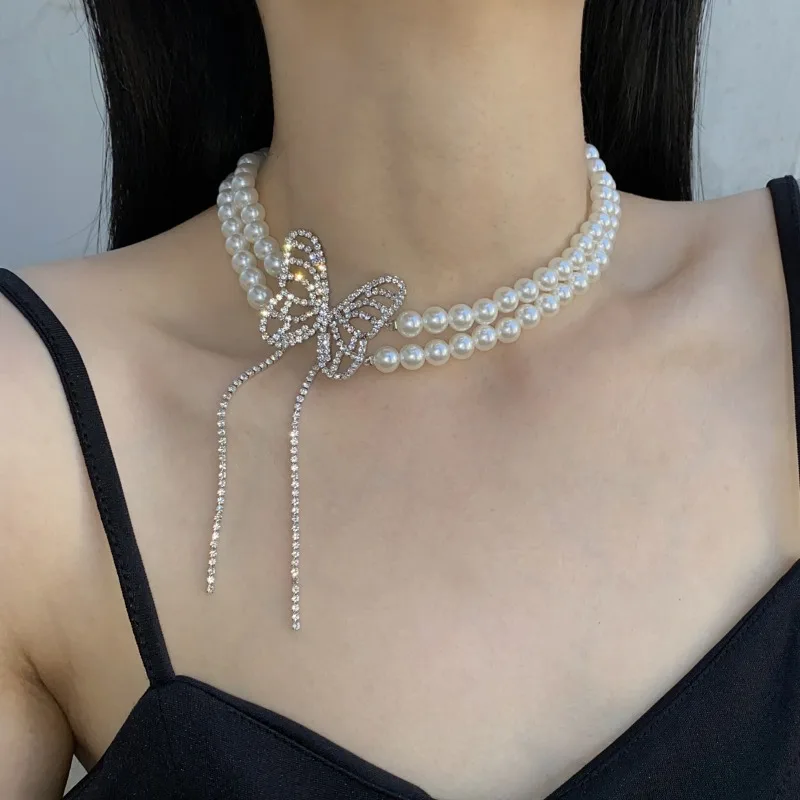 

New Imitation Pearls Long Layered Necklace Women Shiny Rhinestones Butterfly Clavicle Chain Wedding Fashion Femme Birthday Gift