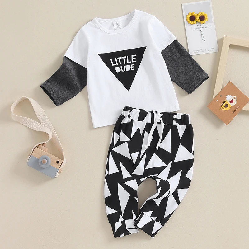 BULINGNA Baby Boy Two Piece Outfit Set Contrast Color Little Dude T-shirt Tops Geometric Pants Fall Winter Clothes
BULINGNA Baby Boy Two Piece Outfit Set Contrast Color Little Dude T-shirt Tops Geometric Pants Fall Winter Clothes