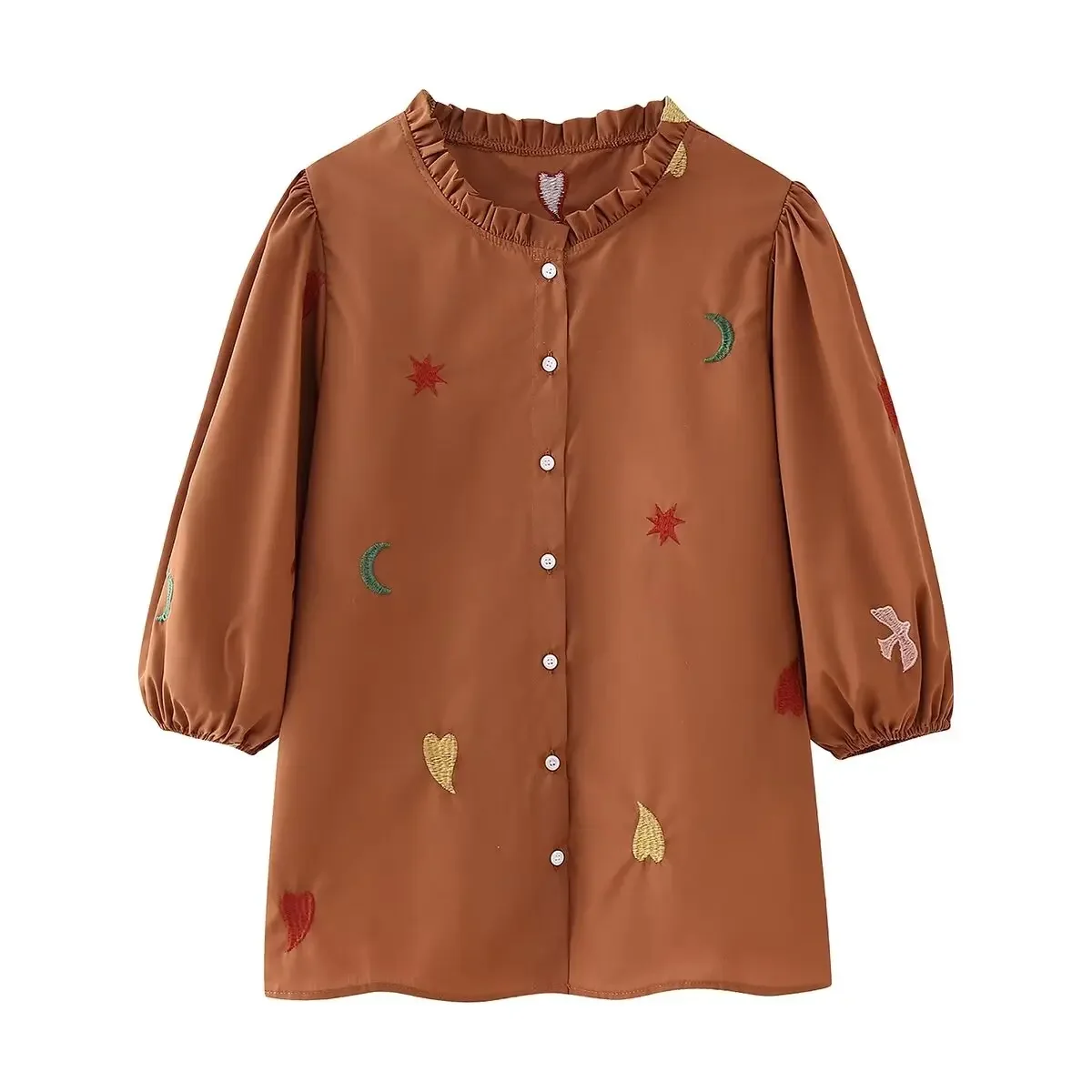 Women's new fashion embroidery decoration loose single breasted O Neck shirt retro bubble short sleeved women's shirt Chic top
Women's new fashion embroidery decoration loose single breasted O Neck shirt retro bubble short sleeved women's shirt Chic top