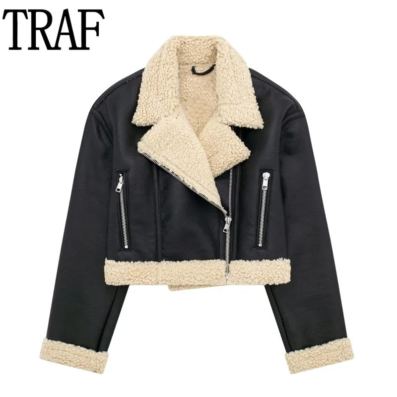 TRAF Faux Leather Cropped Jacket Woman Black Fleece Jacket Woman Long Sleeve Winter Short Coats Women's Moto Biker Zipper Jacket 
TRAF Faux Leather Cropped Jacket Woman Black Fleece Jacket Woman Long Sleeve Winter Short Coats Women's Moto Biker Zipper Jacket
