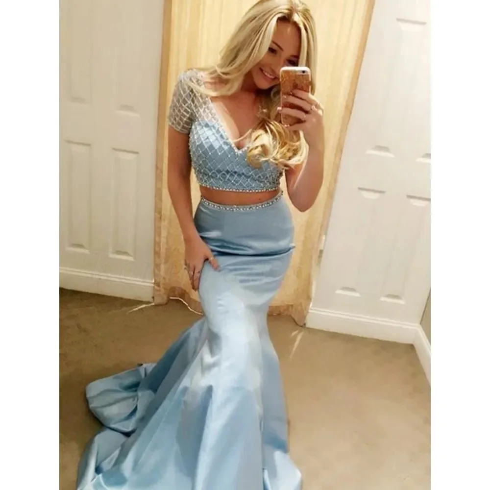 2024 New 2Piece Formal Evening Dress V-Neck Short Sleeves Beads Appliques Mermaid Satin Floor-Length Prom Party Dress Robes de s
2024 New 2Piece Formal Evening Dress V-Neck Short Sleeves Beads Appliques Mermaid Satin Floor-Length Prom Party Dress Robes de s