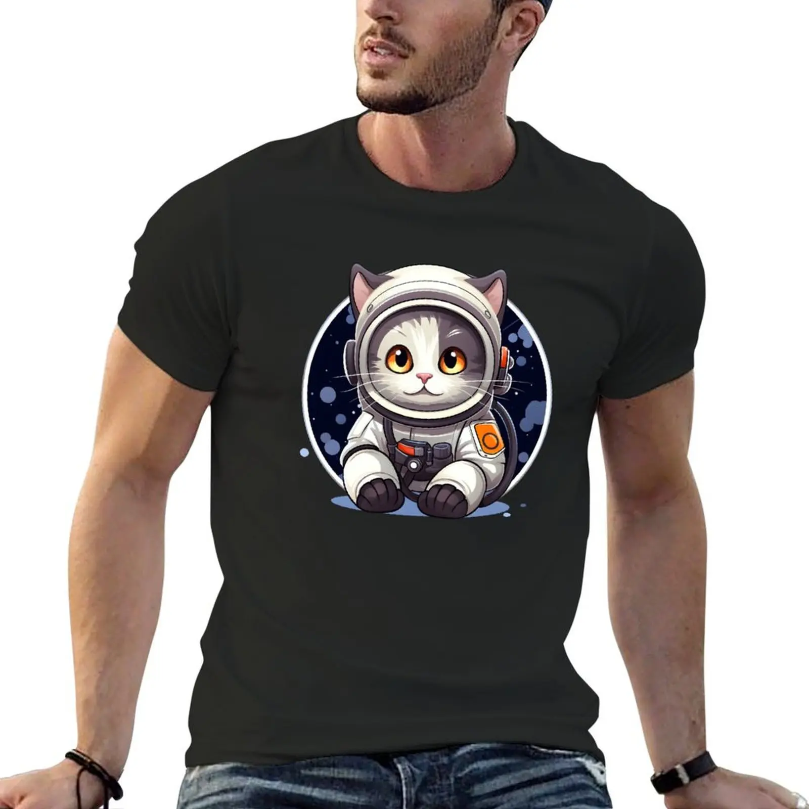 

Cartoon Cat Astronaut in Space T-shirt quick drying sports fans Aesthetic clothing oversizeds Men's t-shirt