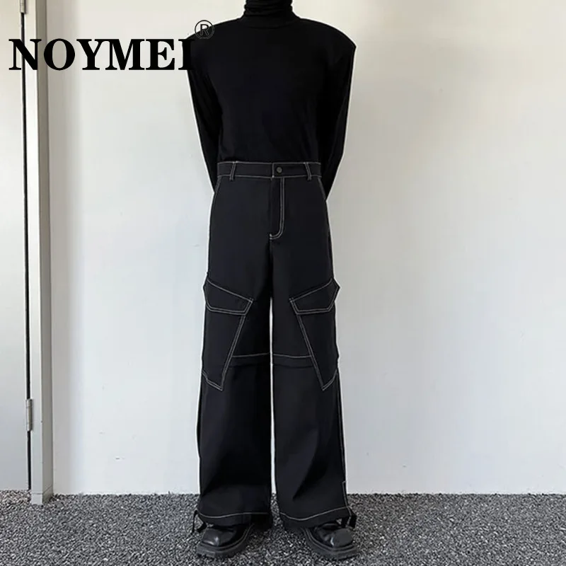 

NOYMEI Autumn Personalized Loose Pocket Straight Wide Leg Cargo Pants Adjustable Drawstring Black All-match Men Trousers WA3229