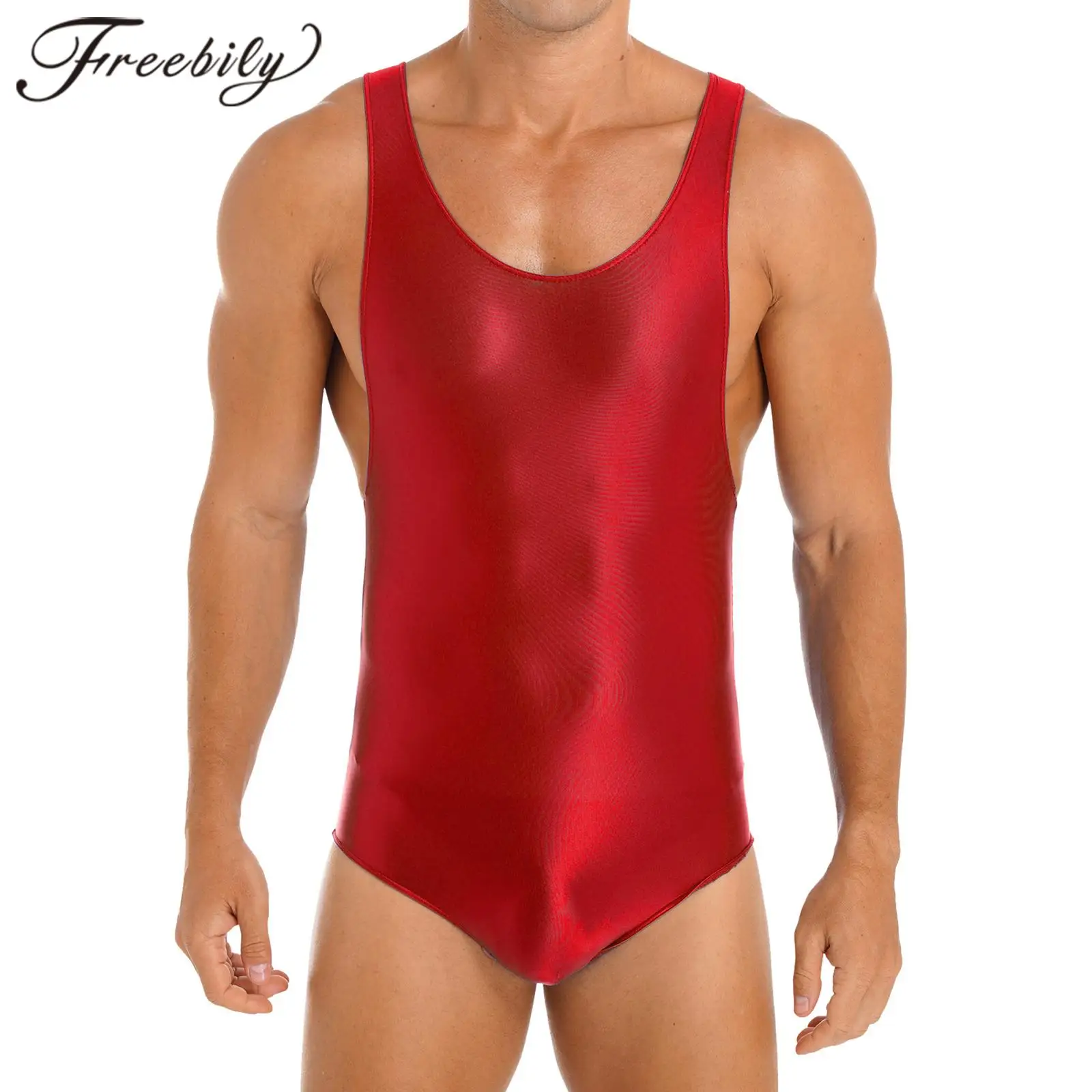 

Mens Swimwear Glossy One-Piece Stretchy Bodysuit Sleeveless Gymnastics Leotard Skinny Jumpsuit Wrestling Singlet Homme Sportwear