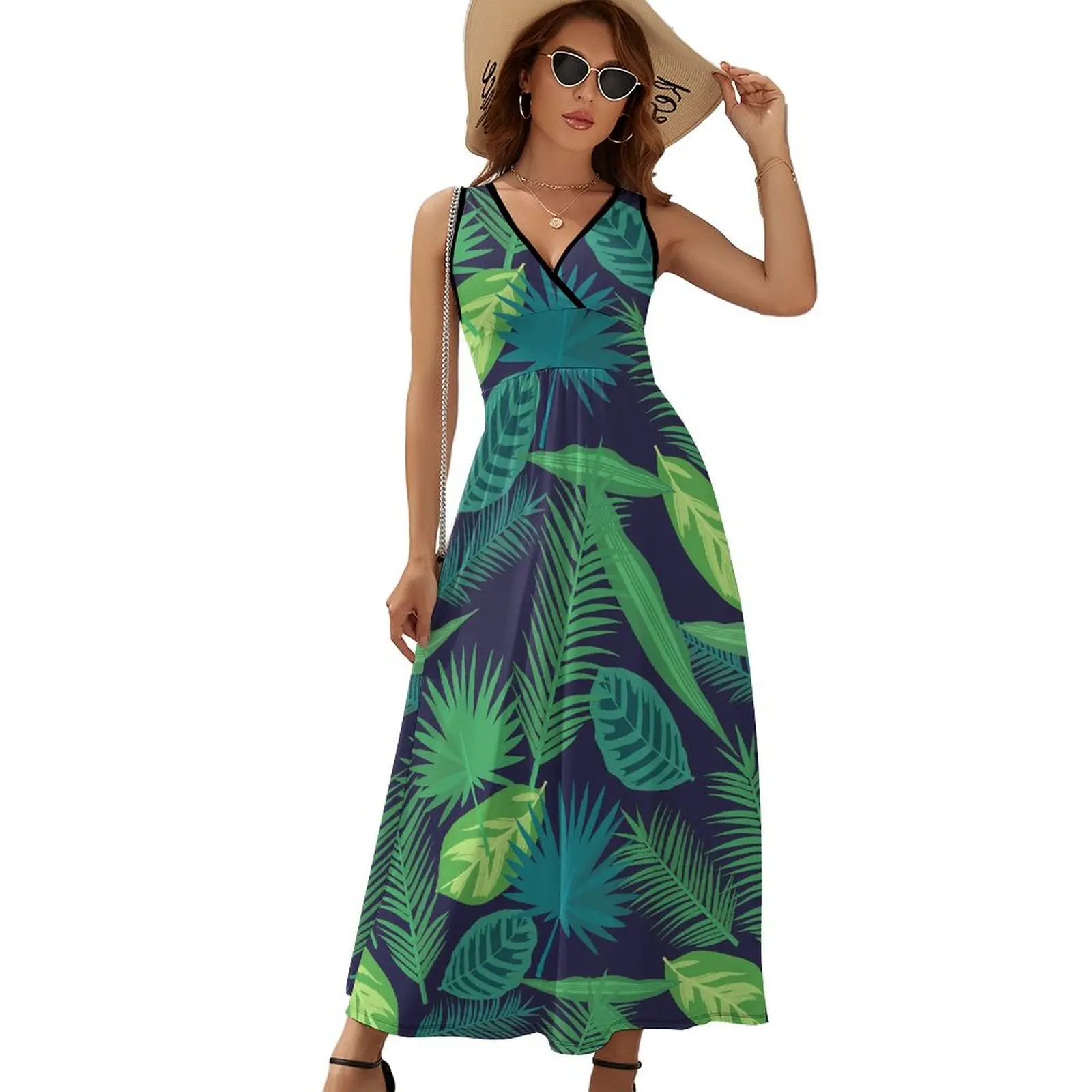 

Plant Leaf Print Dress Summer Tropical Palm Korean Fashion Bohemia Long Dresses Ladies Sleeveless Graphic Kawaii Maxi Dress