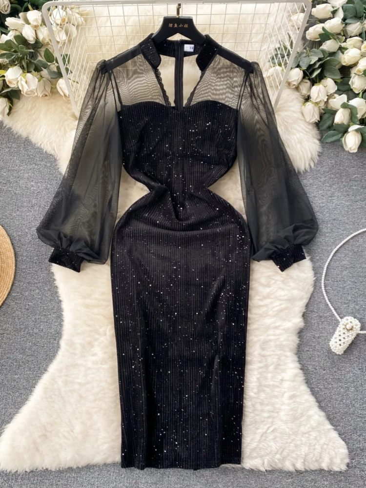 

Women Elegant Black Dress Spring Autumn Perspective Mesh Patchwork Sequin Dresses French Retro Slim Long Sleeve Midi Dress X844