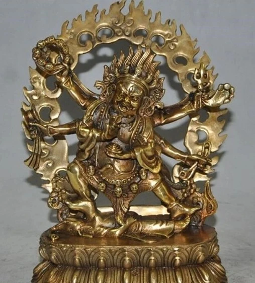 

9" Tibet Buddhism bronze gilt 6 Arms Vajra Mahakala god Buddha Ganesha Statue