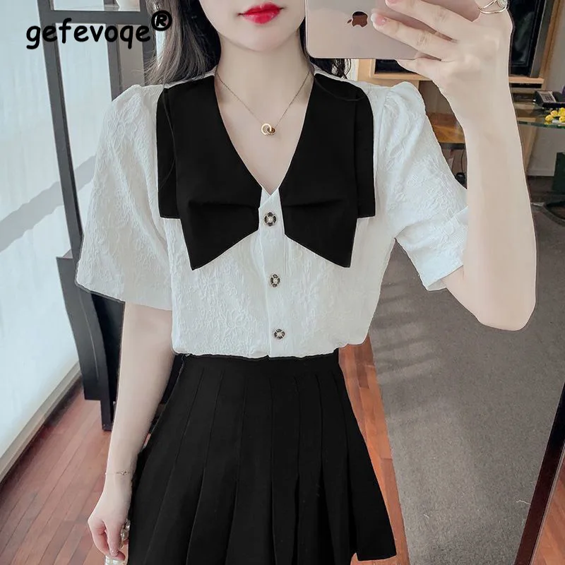 

Summer Korean Sweet Puff Sleeve Button Chic Beading Blouse Casual All-match Tops Elegant Female Clothing Small Fragrance Shirts