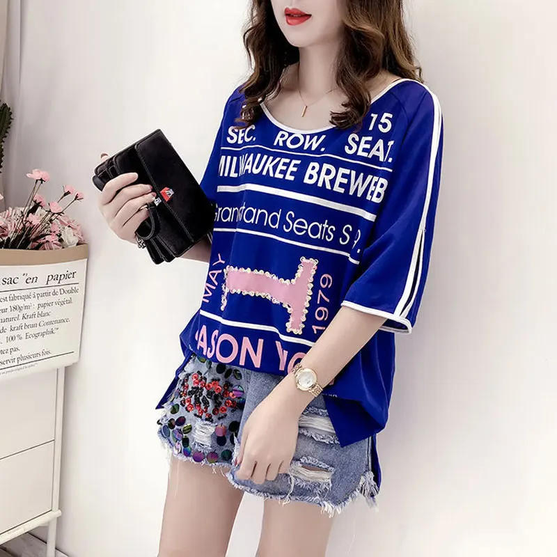 

Korean Loose Letter Printed Pullovers Female Clothing Casual Round Neck 2024 Summer Half Sleeve Stylish Sequined Spliced T-shirt