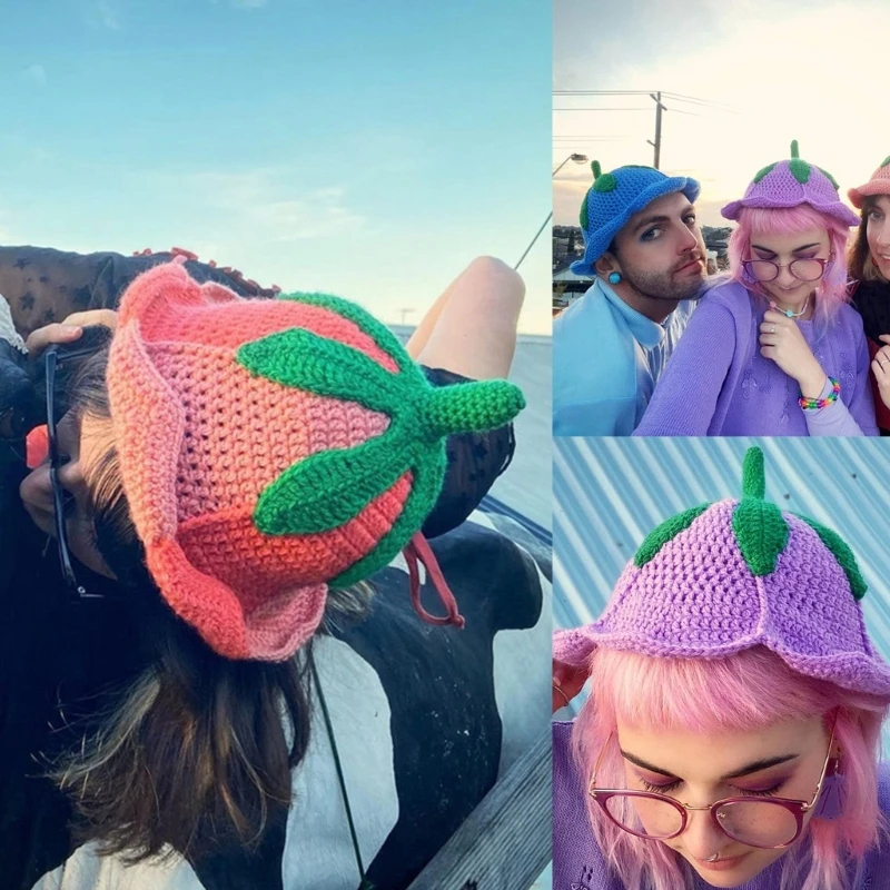 

Knitted Beanie Hat for Women Y2K Lovely Fruit Hat Crochet Woolen Yarn Girls Cap Fashion Female Hat Teens Headwear