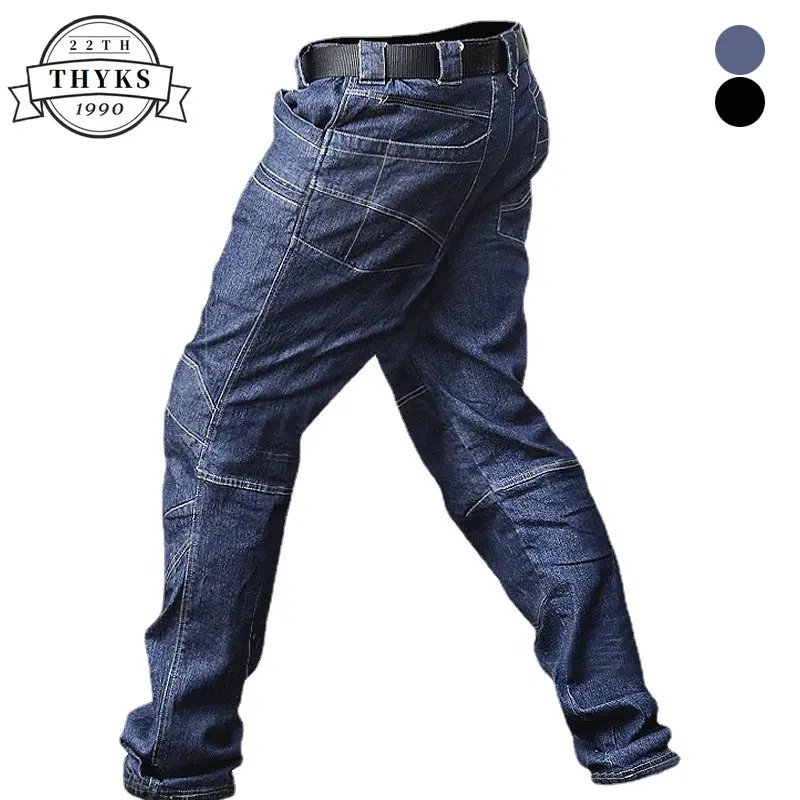 

Men Tactical Jeans Wear-resisting Multi Pocket Elasticity Straight Denim Pants Cotton Slim SWAT Military Combat Trousers Joggers