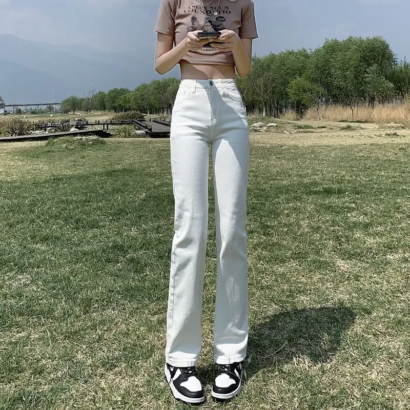 

Джинсы женские прямые тонкие с завышенной талией, модные повседневные универсальные брюки из денима в Корейском стиле, белые черные, весна-лето